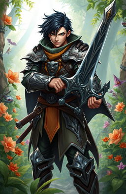 A fantasy hero sword fighter with dark short hair and olive skin, standing confidently in a dynamic pose