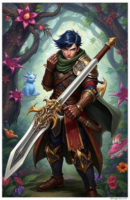 A fantasy hero sword fighter with dark short hair and olive skin, standing confidently in a dynamic pose