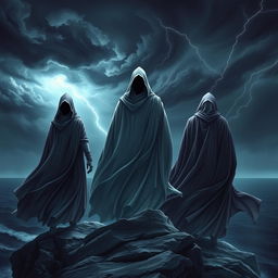 Three powerful cloaked humans standing on a rocky cliff overlooking a dark and stormy sea