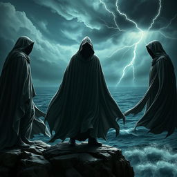 Three powerful cloaked humans standing on a rocky cliff overlooking a dark and stormy sea