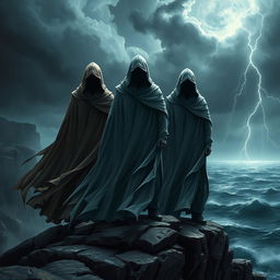 Three powerful cloaked humans standing on a rocky cliff overlooking a dark and stormy sea