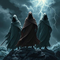 Three powerful cloaked humans standing on a rocky cliff overlooking a dark and stormy sea