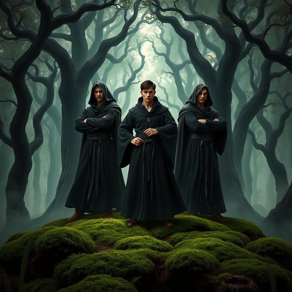 Three strong human figures clad in flowing black robes stand confidently in a dark, enchanted forest