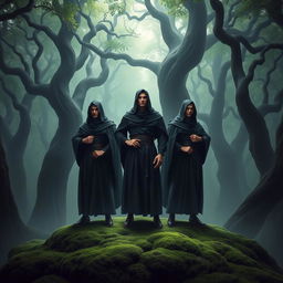 Three strong human figures clad in flowing black robes stand confidently in a dark, enchanted forest