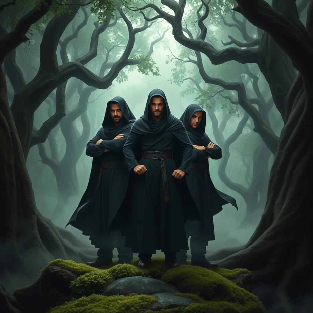 Three strong human figures clad in flowing black robes stand confidently in a dark, enchanted forest