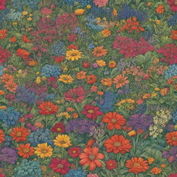 A vibrant garden teeming with enchanting, color-rich flowers in a cartoon style.