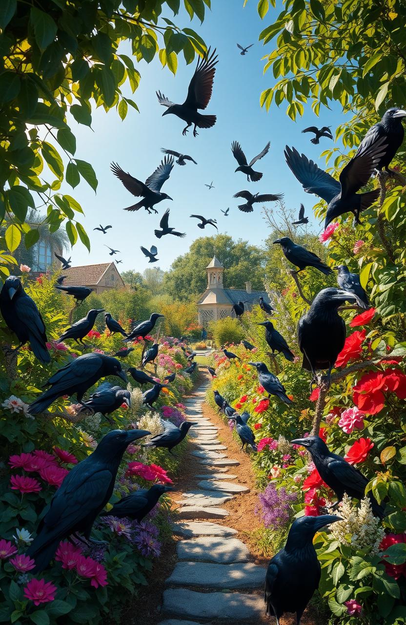 A lush garden teeming with ravens, their glossy black feathers glinting in the sunlight