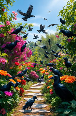 A lush garden teeming with ravens, their glossy black feathers glinting in the sunlight