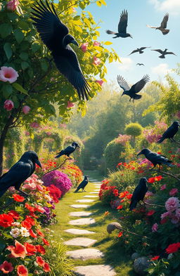 A lush garden teeming with ravens, their glossy black feathers glinting in the sunlight