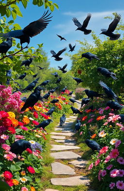 A lush garden teeming with ravens, their glossy black feathers glinting in the sunlight