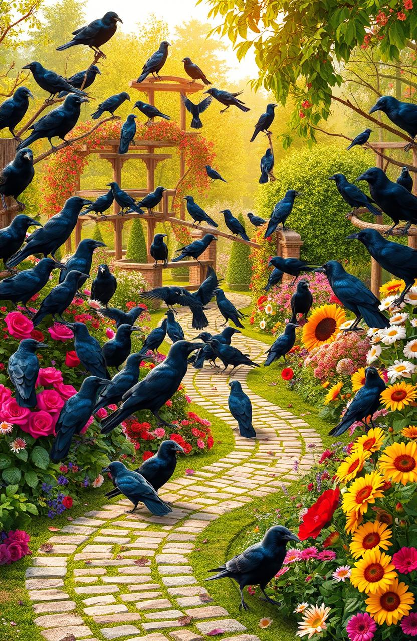 A lush, vibrant garden teeming with a multitude of crows perched on trees, fences, and the ground