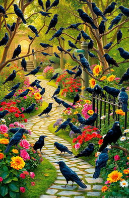 A lush, vibrant garden teeming with a multitude of crows perched on trees, fences, and the ground