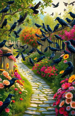 A lush, vibrant garden teeming with a multitude of crows perched on trees, fences, and the ground