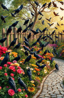 A lush, vibrant garden teeming with a multitude of crows perched on trees, fences, and the ground