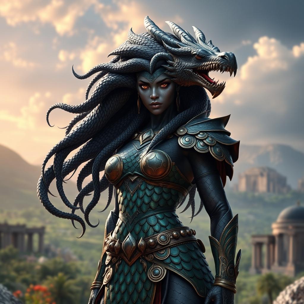 A powerful and majestic black female dragonborn with long, textured snake-like hair, adorned in intricate scale armor reminiscent of ancient Greek warrior attire