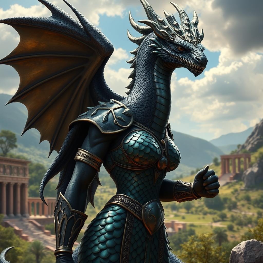 A powerful and majestic black female dragonborn with long, textured snake-like hair, adorned in intricate scale armor reminiscent of ancient Greek warrior attire