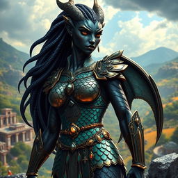 A powerful and majestic black female dragonborn with long, textured snake-like hair, adorned in intricate scale armor reminiscent of ancient Greek warrior attire