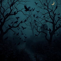 A mysterious, dark garden shrouded in twilight, filled with a dense cluster of crows