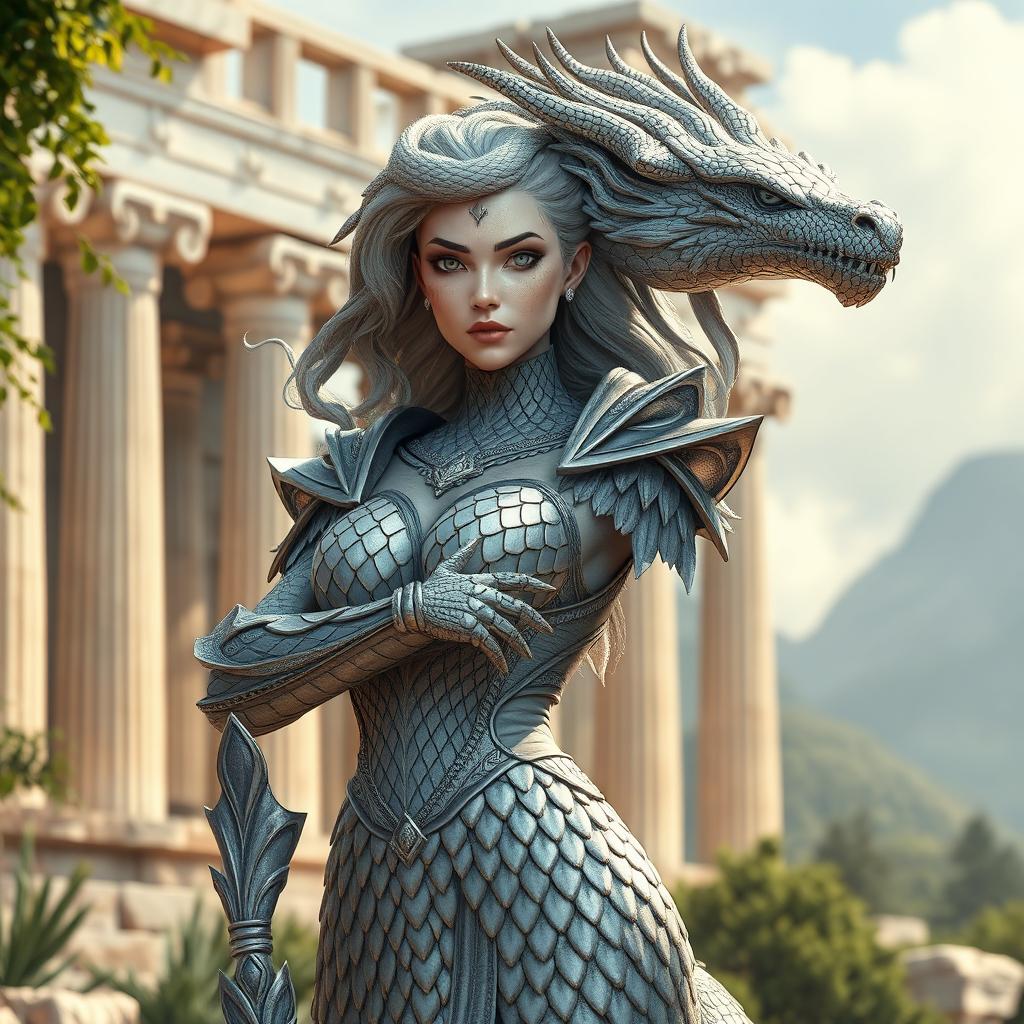 A striking female grey dragonborn with elegantly flowing snake-like hair, crafted in a mesmerizing pattern, adorned in stunning scale armor that reflects classic Greek goddess aesthetics