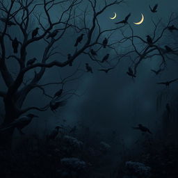 A mysterious, dark garden shrouded in twilight, filled with a dense cluster of crows