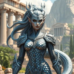 A striking female grey dragonborn with elegantly flowing snake-like hair, crafted in a mesmerizing pattern, adorned in stunning scale armor that reflects classic Greek goddess aesthetics