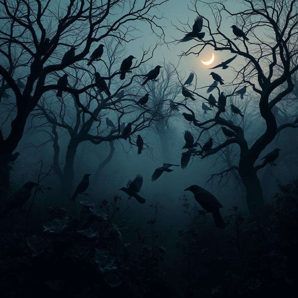 A mysterious, dark garden shrouded in twilight, filled with a dense cluster of crows