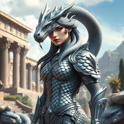 A striking female grey dragonborn with elegantly flowing snake-like hair, crafted in a mesmerizing pattern, adorned in stunning scale armor that reflects classic Greek goddess aesthetics