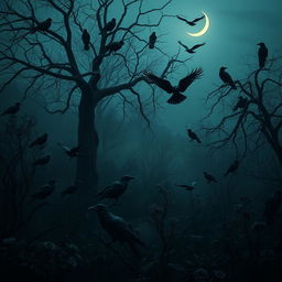 A mysterious, dark garden shrouded in twilight, filled with a dense cluster of crows