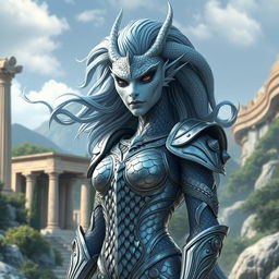 A striking female grey dragonborn with elegantly flowing snake-like hair, crafted in a mesmerizing pattern, adorned in stunning scale armor that reflects classic Greek goddess aesthetics