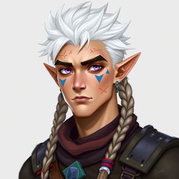 A semi-elf character design featuring a male with white, spiky hair styled in a crest and three braids that reach shoulder length