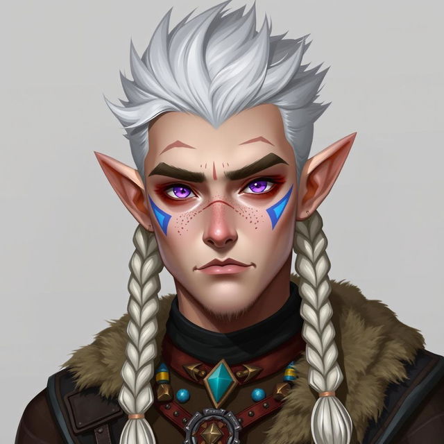 A semi-elf character design featuring a male with white, spiky hair styled in a crest and three braids that reach shoulder length