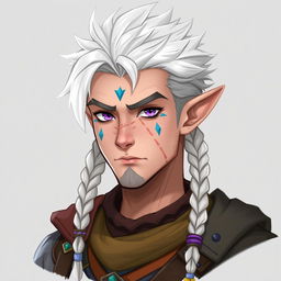 A semi-elf character design featuring a male with white, spiky hair styled in a crest and three braids that reach shoulder length