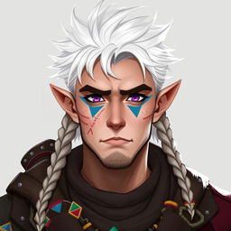 A semi-elf character design featuring a male with white, spiky hair styled in a crest and three braids that reach shoulder length