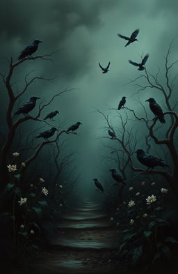 A dark, atmospheric garden filled with ominous crows perched on twisted branches and scattered along a foggy pathway