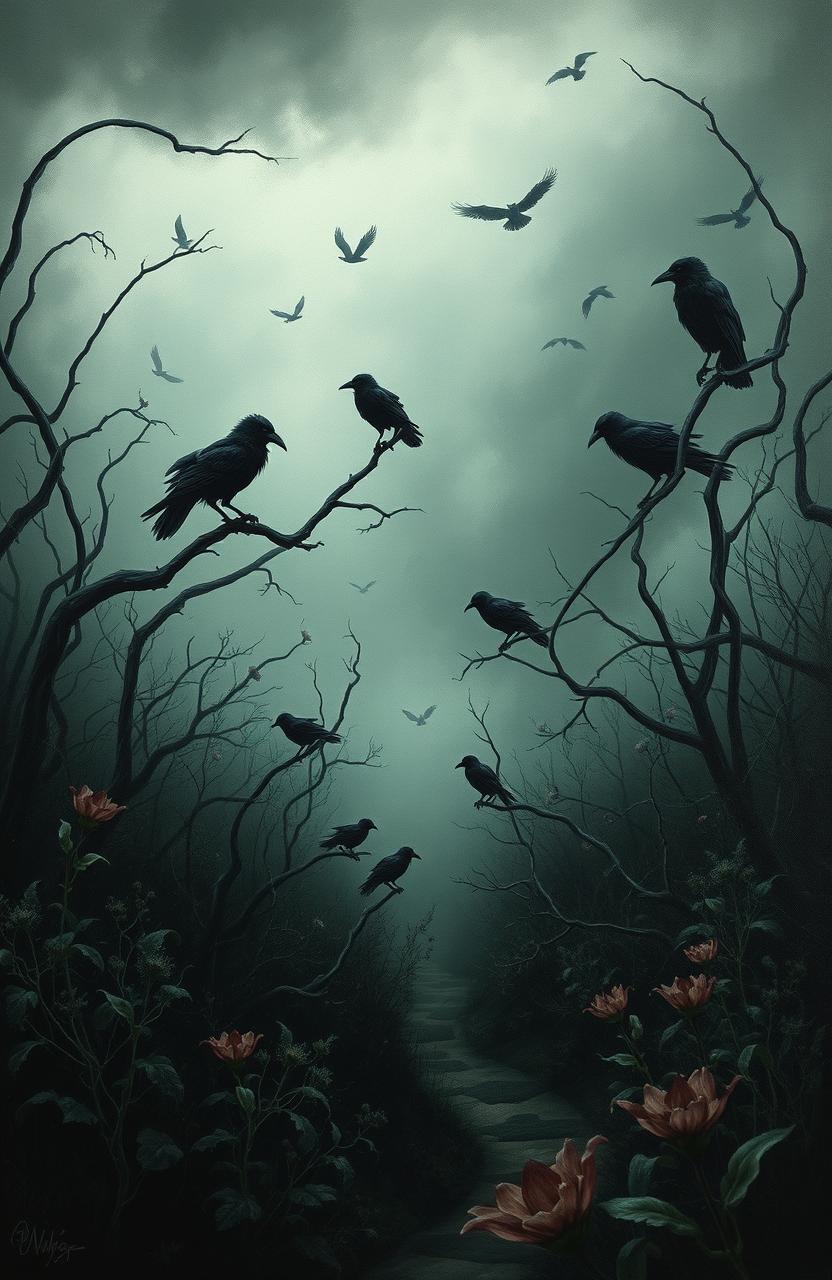 A dark, atmospheric garden filled with ominous crows perched on twisted branches and scattered along a foggy pathway