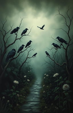 A dark, atmospheric garden filled with ominous crows perched on twisted branches and scattered along a foggy pathway