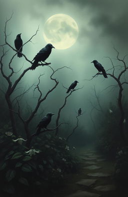 A dark, atmospheric garden filled with ominous crows perched on twisted branches and scattered along a foggy pathway