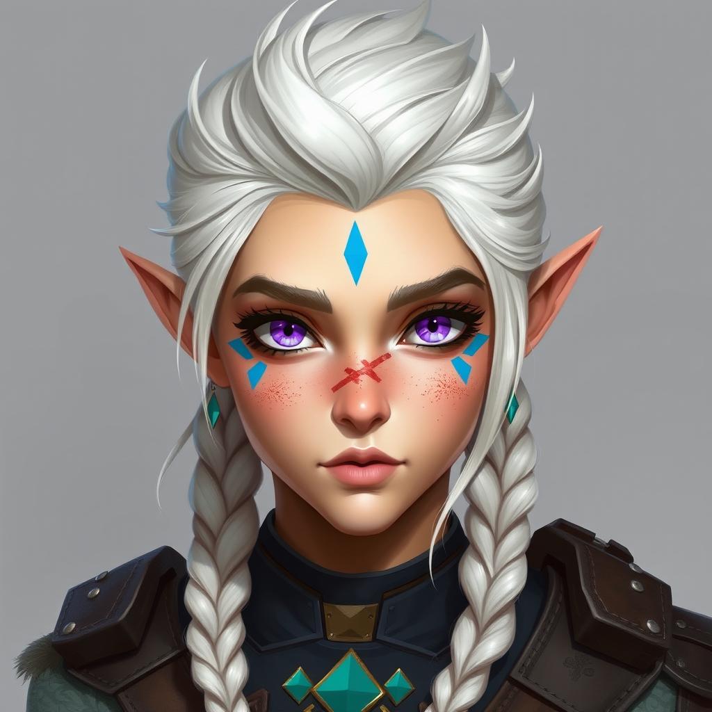 A 25-year-old female semi-elf character design with white, spiky hair styled in a crest and three braids that reach shoulder length