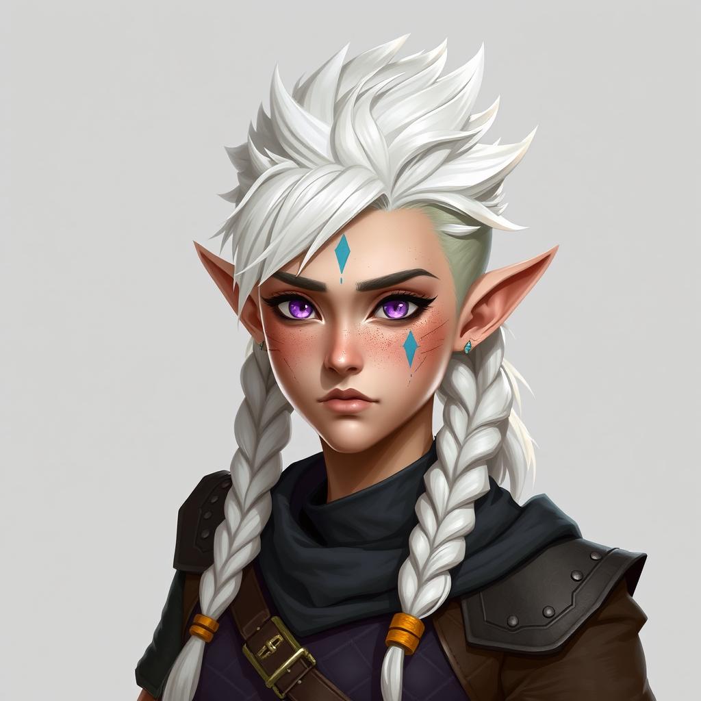 A 25-year-old female semi-elf character design with white, spiky hair styled in a crest and three braids that reach shoulder length