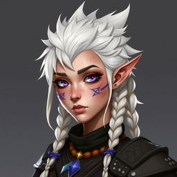 A 25-year-old female semi-elf character design with white, spiky hair styled in a crest and three braids that reach shoulder length