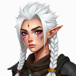 A 25-year-old female semi-elf character design with white, spiky hair styled in a crest and three braids that reach shoulder length