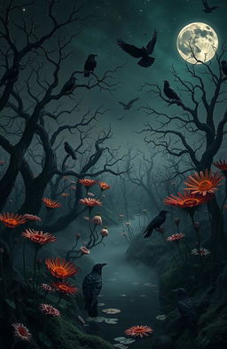 A surreal dark garden filled with crows, with twisted trees and unusual plants under a starry sky