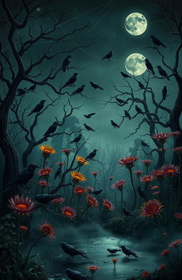 A surreal dark garden filled with crows, with twisted trees and unusual plants under a starry sky