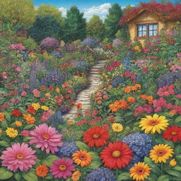 A lush, vibrant garden brimming with a variety of enchanting, brightly colored flowers in a cartoon style.