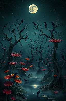 A surreal dark garden filled with crows, with twisted trees and unusual plants under a starry sky