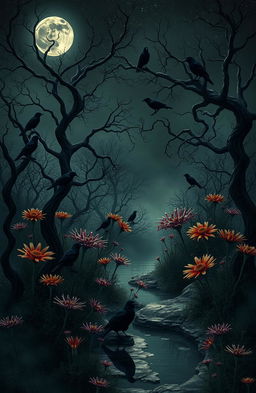 A surreal dark garden filled with crows, with twisted trees and unusual plants under a starry sky