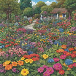 A lush, vibrant garden brimming with a variety of enchanting, brightly colored flowers in a cartoon style.