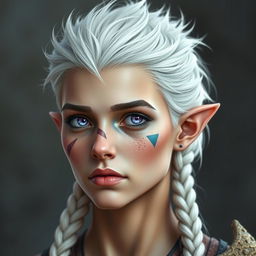 A semi-elf woman, around 30 years old, robust build, with white spiky hair styled in a crest and three braids (two in the front and one in the back) reaching her shoulders