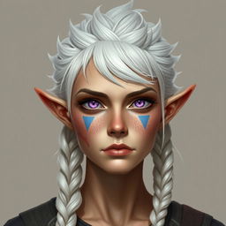 A semi-elf woman, around 30 years old, robust build, with white spiky hair styled in a crest and three braids (two in the front and one in the back) reaching her shoulders