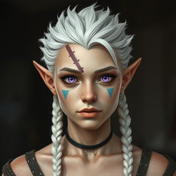 A semi-elf woman, around 30 years old, robust build, with white spiky hair styled in a crest and three braids (two in the front and one in the back) reaching her shoulders